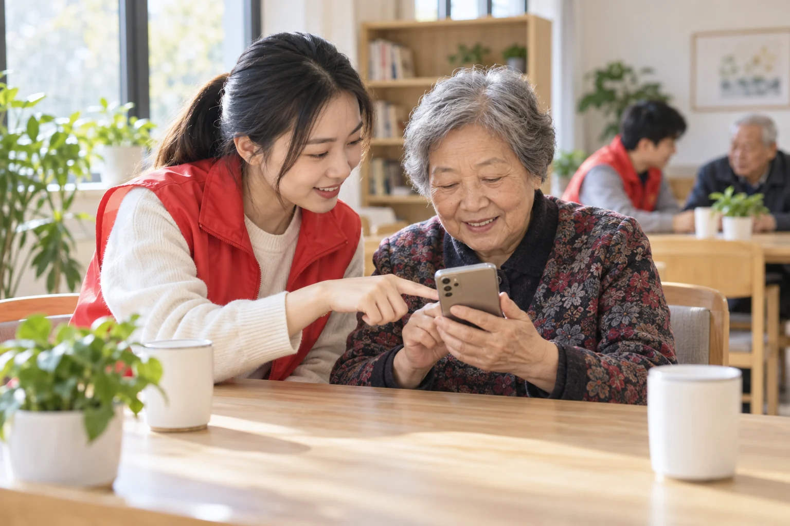 社区志愿者耐心协助长者使用智能手机